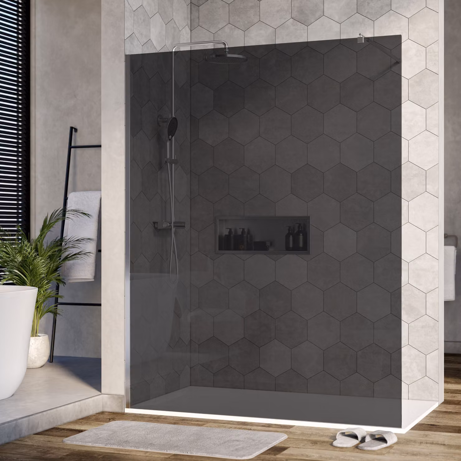 Cabina doccia walk-in nano real glass EX101 - vetro grigio - 10 mm - profilo a parete cromato - larghezza selezionabile, larghezza walk-in:1600mm