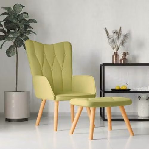 Poltrona relax verde con poggiapiedi, poltrona imbottita con rivestimento in tessuto, poltrona TV per il soggiorno, poltrona lounge con gambe in legno massello, poltrona da lettura con bottoni decorativi