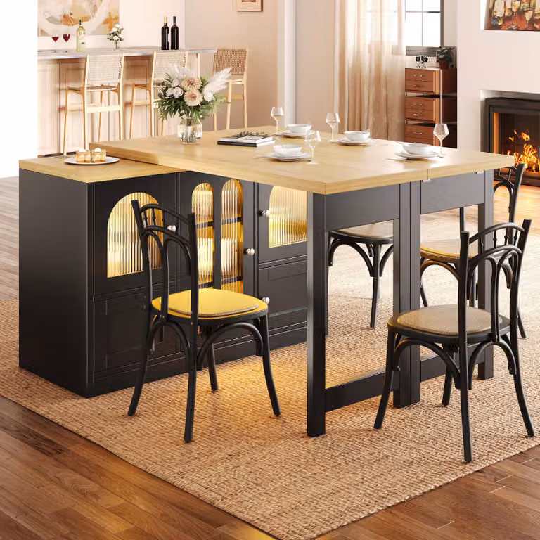 Tavolo da pranzo multifunzionale con combinazione di pensili laterali, tavolo da cucina con illuminazione RGB a 360° controllabile tramite app, isola da cucina, colore nero
