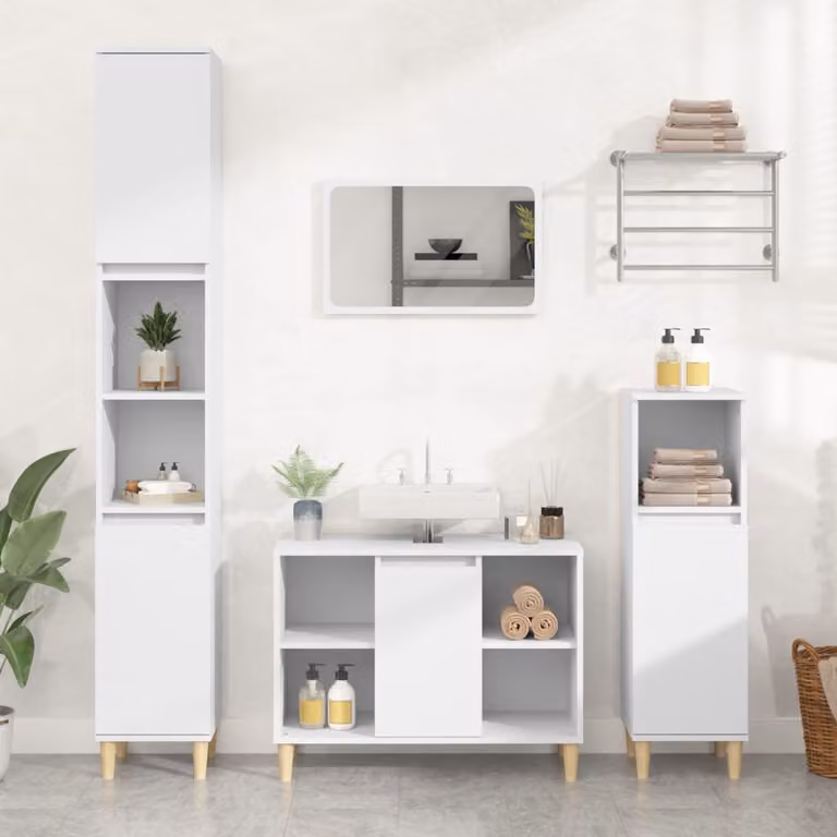 Set di mobili da bagno moderno vidaXL in legno multistrato bianco composto da 3 pezzi con mobile lavabo e colonna alta