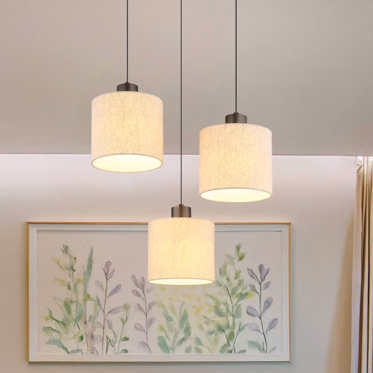Globo Lampada LED a sospensione Thea, Ø 49 cm, 3 luci, color crema/nero opaco Thea, Crema / Ambra, Soggiorno / Sala da pranzo, Tessuto / Stoffa / Seta, Scandinavo