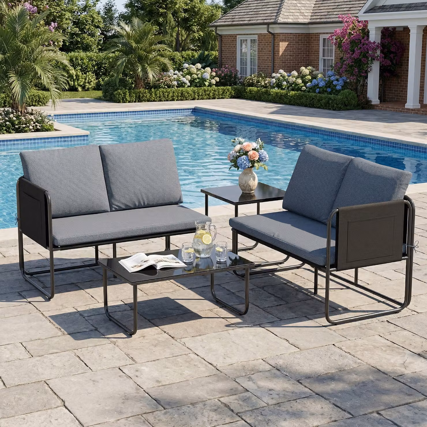 Set da giardino Outsunny composto da 2 divani a 2 posti e 2 tavoli in vetro con cuscini e fodere rimovibili, colore grigio – 2