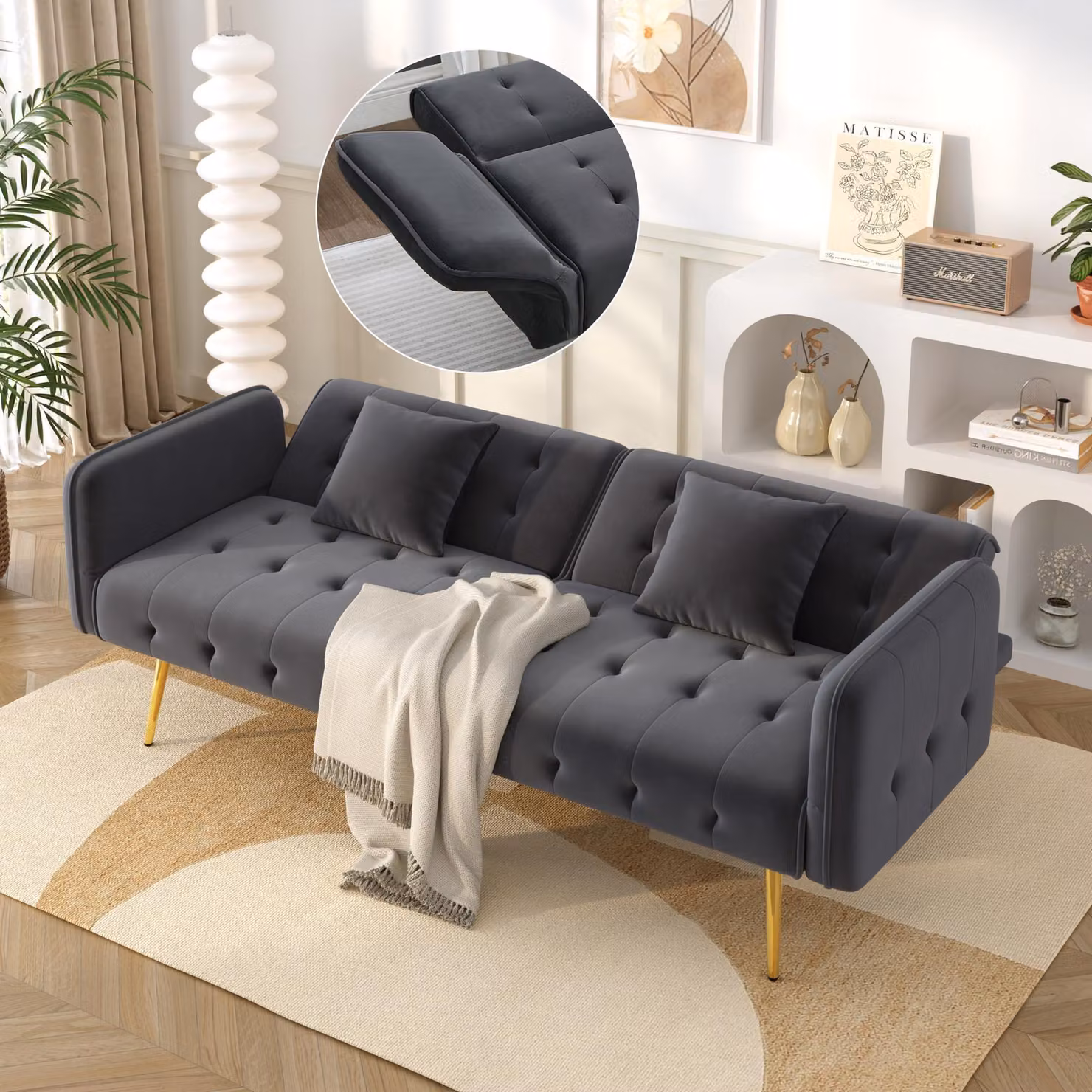 Divano letto multifunzionale a due posti Fortuna Lai con funzione letto, schienale regolabile + braccioli multiposizione. Moderno divano letto pieghevole per soggiorno - rivestimento in velluto. Ampia zona notte.