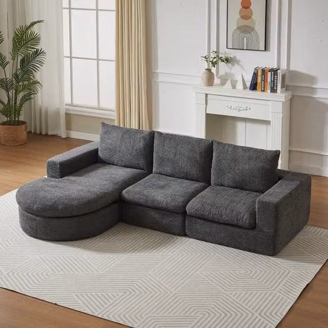 Divano angolare modulare MIVRAY con chaise longue reversibile in tessuto grigio e cuscini inclusi