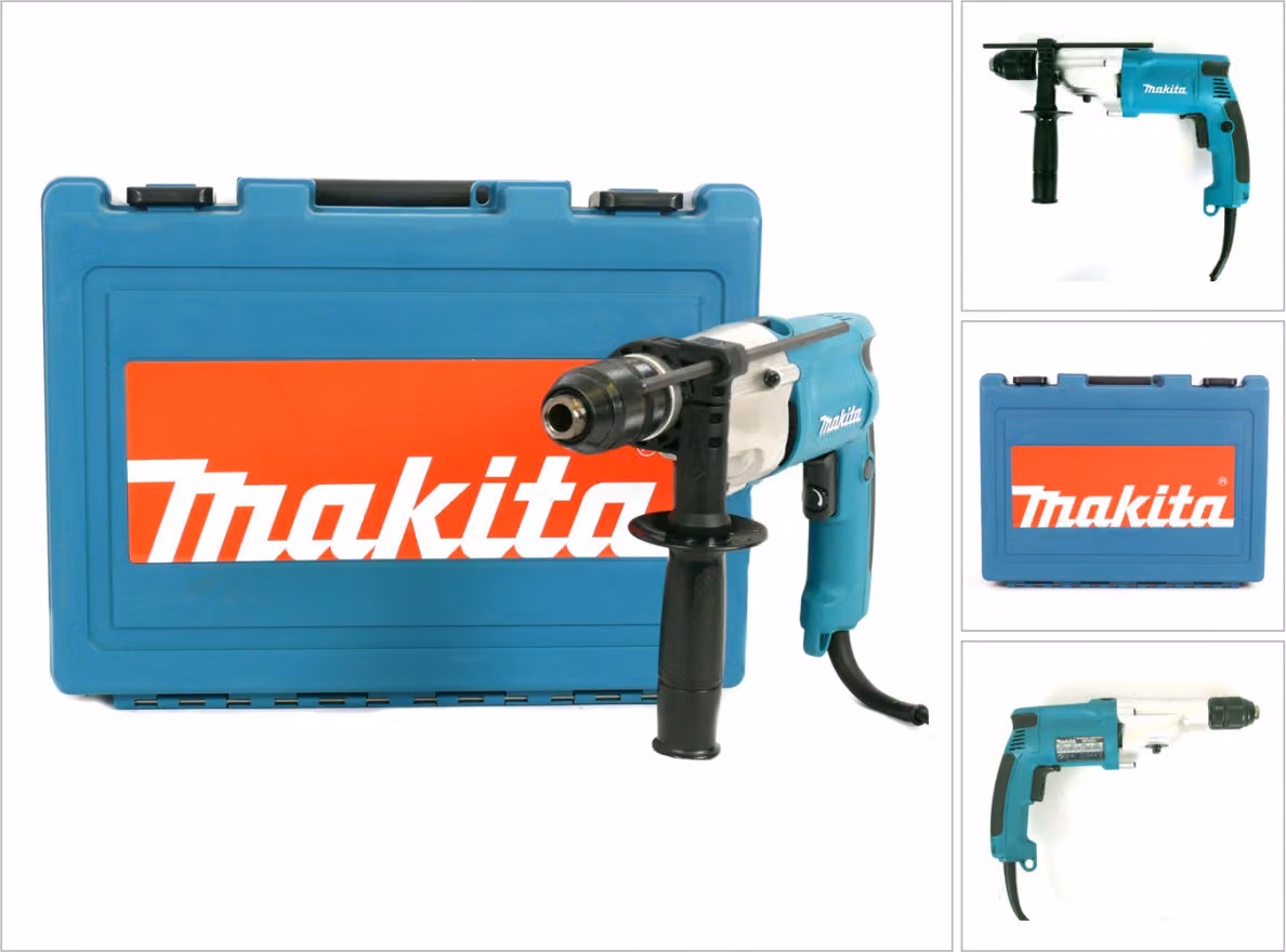 Trapano a percussione professionale Makita HP 2051, funzionamento a rete, 720 watt, capacità di foratura di 13 mm nell'acciaio, velocità variabile, rotazione destra/sinistra