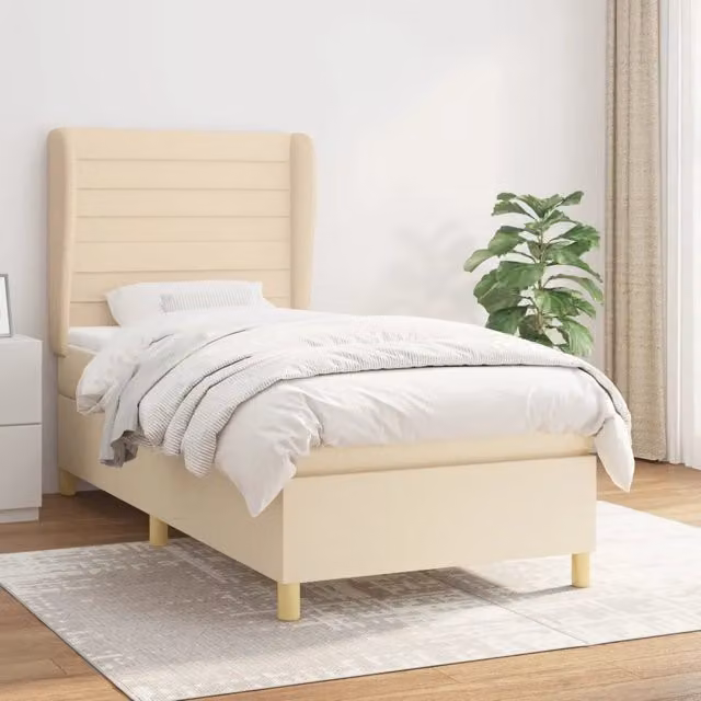 Letto Ibrido vidaXL con Giroletto a Molle e Materasso in Tessuto Beige e Bianco L/P/H: 100 x 200 x 40 cm