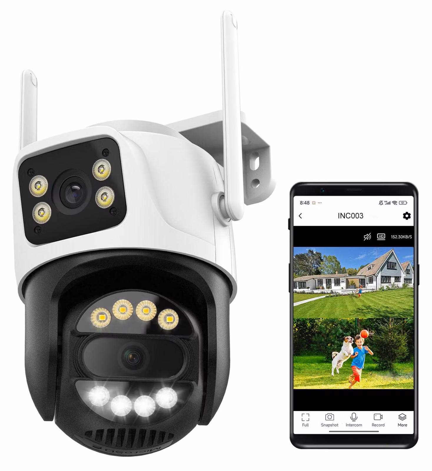Telecamera di sicurezza Wi-Fi da esterno con doppia lente da 6MP, PTZ (pan-tilt-zoom) con rotazione orizzontale di 355°