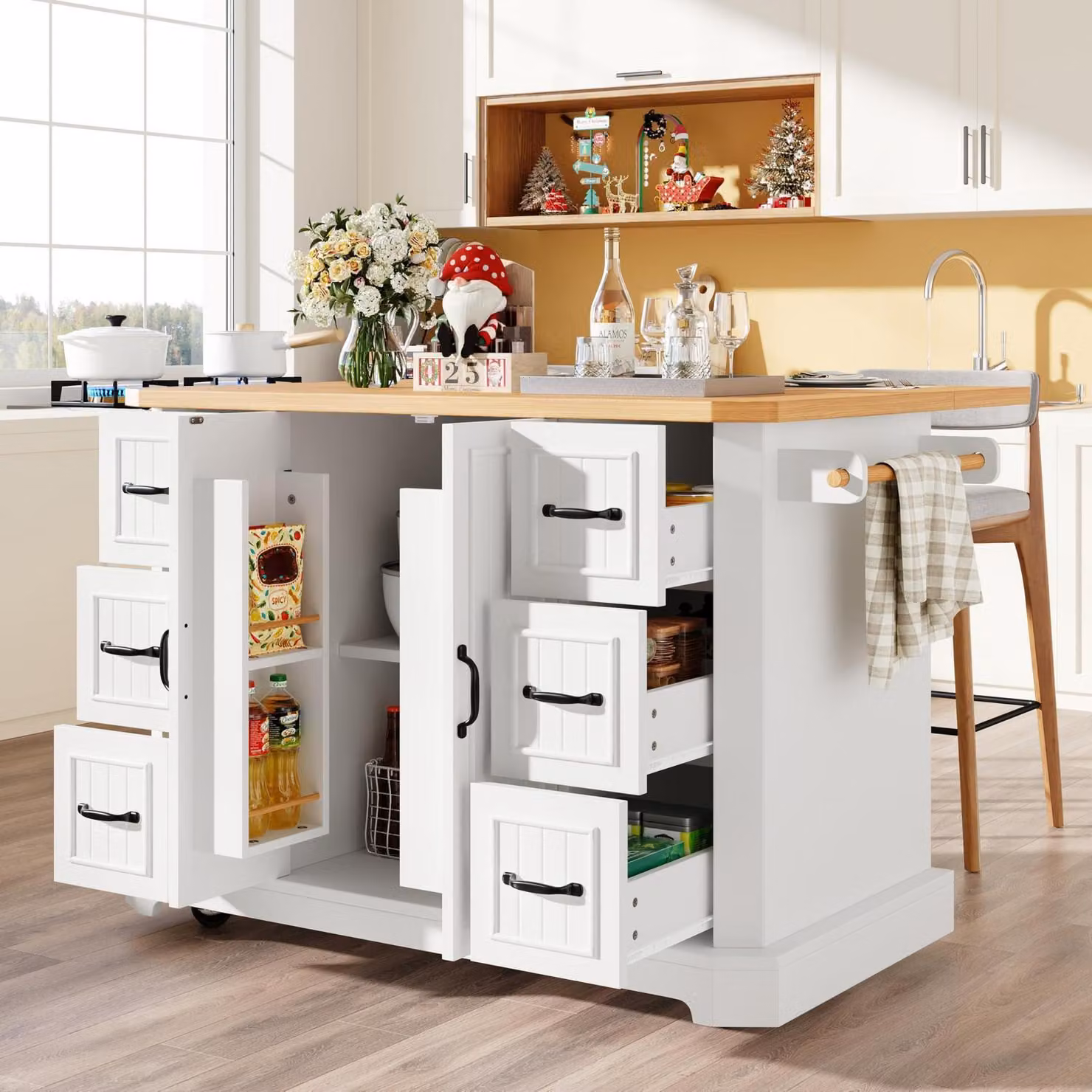 Isola da cucina mobile con 2 ante e 6 cassetti, estendibile, piano di lavoro effetto legno, bianca, dimensioni 142x75,5x91 cm