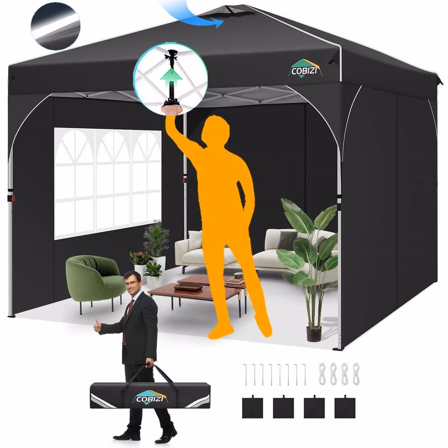 Gazebo da esterno 3x3 metri, impermeabile, con protezione UV 50+, dotato di 3 pannelli laterali neri e con altezza regolabile