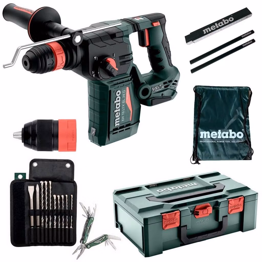 Martello combinato a batteria Metabo KH 18 LTX BL 24 Q CAS + set di punte e scalpelli + borsa sportiva