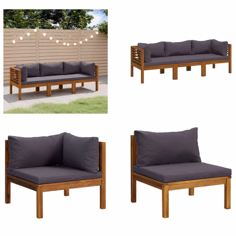 vidaXL Divano da giardino a 3 posti con cuscino in legno massiccio di acacia - Set salotto da giardino - Set salotto da giardino - Set divano modulare - Set divano modulare