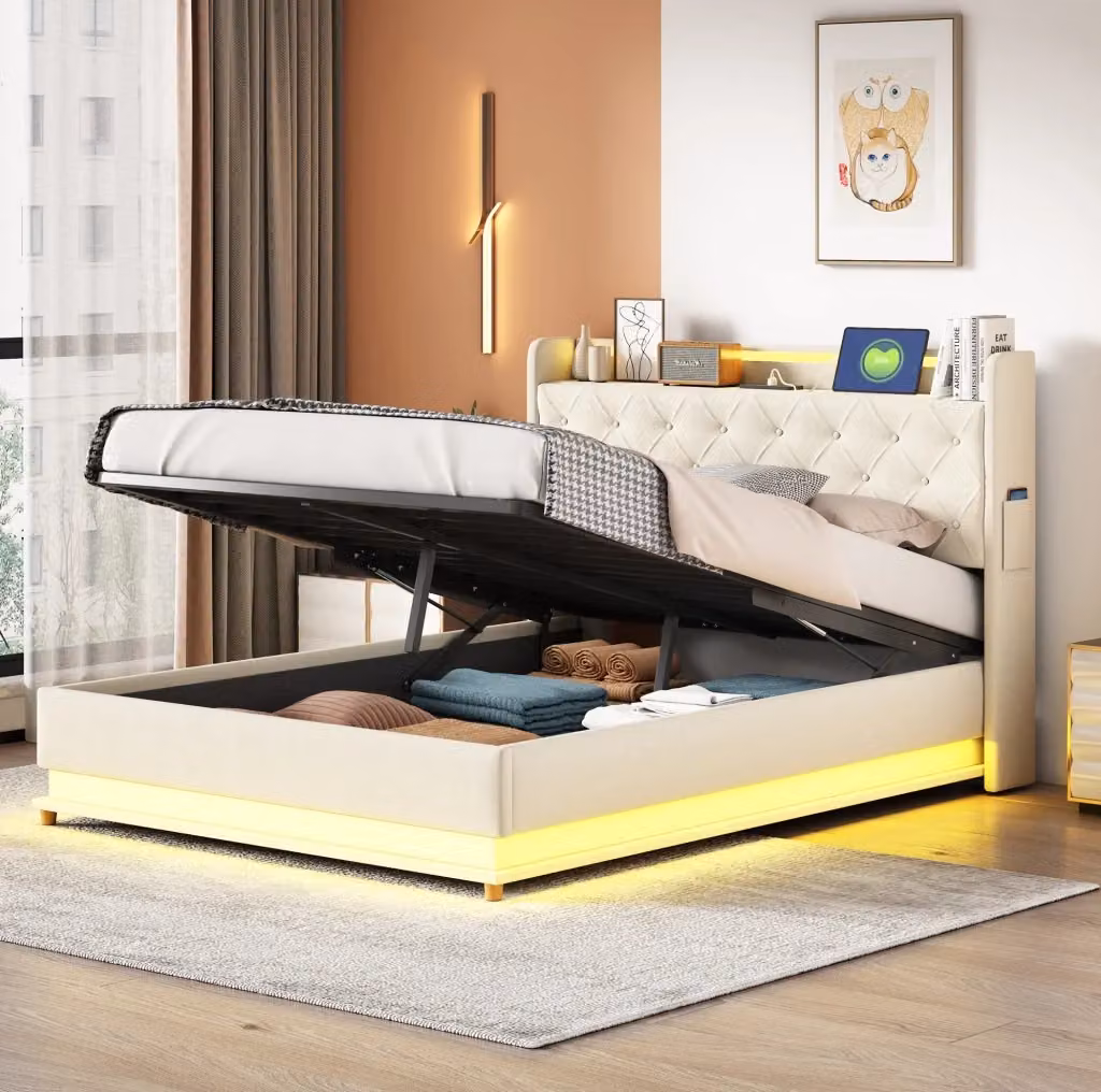 Letto imbottito MODFU con contenitore idraulico, illuminazione LED e porta USB, tessuto beige, L 140 cm x P 200 cm – 2