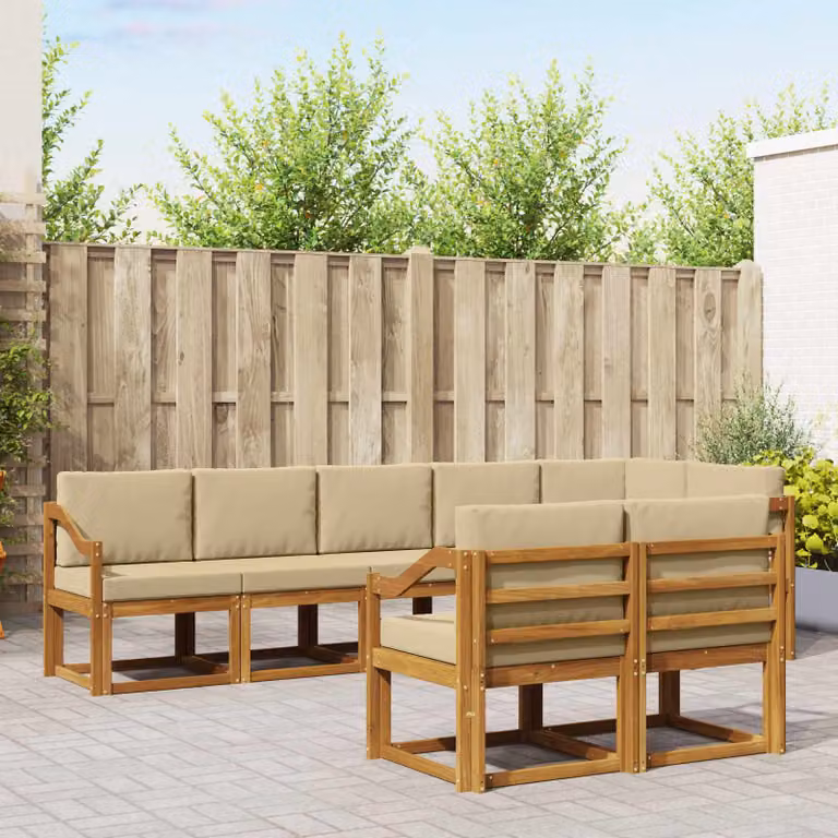 vidaXL Set di divani da esterno a L in legno di acacia con cuscini, 8 pezzi, Beige e Marrone