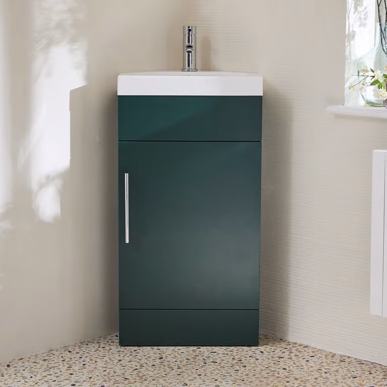 Mobile Bagno a Terra Angolare Verde Scuro da 450mm con Lavabo e Maniglia con Barra a T Cromata - Cluo