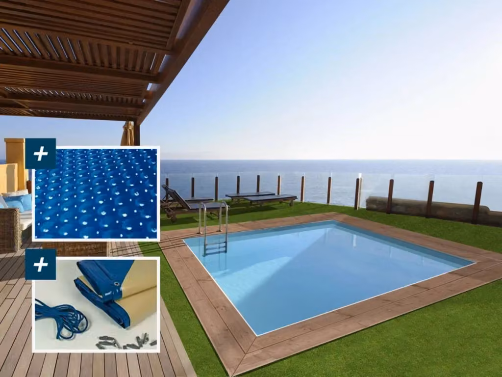 Piscina rettangolare in legno Caimans HABITAT ET JARDIN colore blu con copertura a bolle e copertura invernale L: 410 cm, P: 300 cm, H: 124 cm – 2