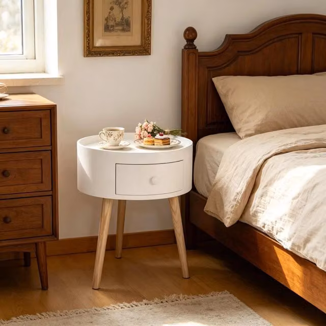 Comodino tondo con 1 cassetto e piano con bordo, gambe coniche in legno massello, bianco e legno, 38 × 38 × 45 cm