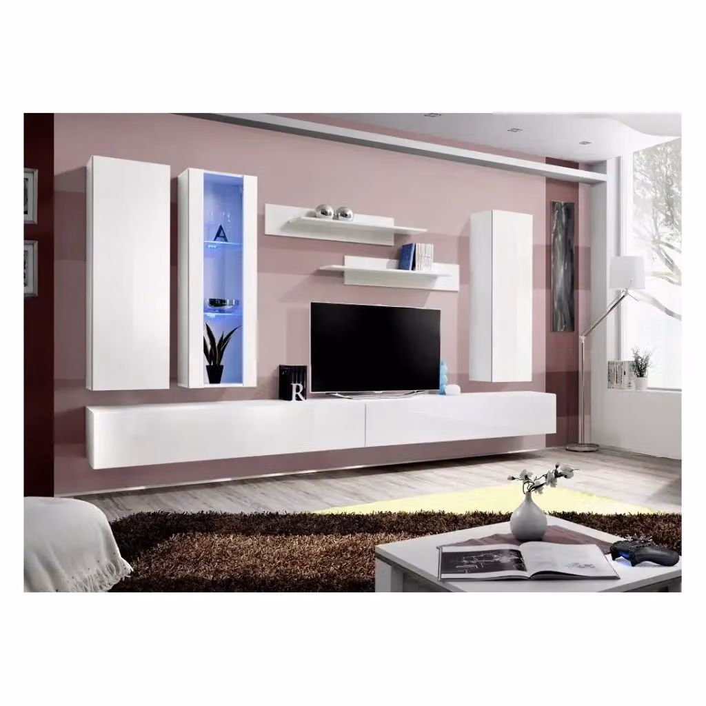 Composizione parete FLY E4 Meublorama bianco lucido con illuminazione LED integrata e ante in vetro per soggiorno – 2