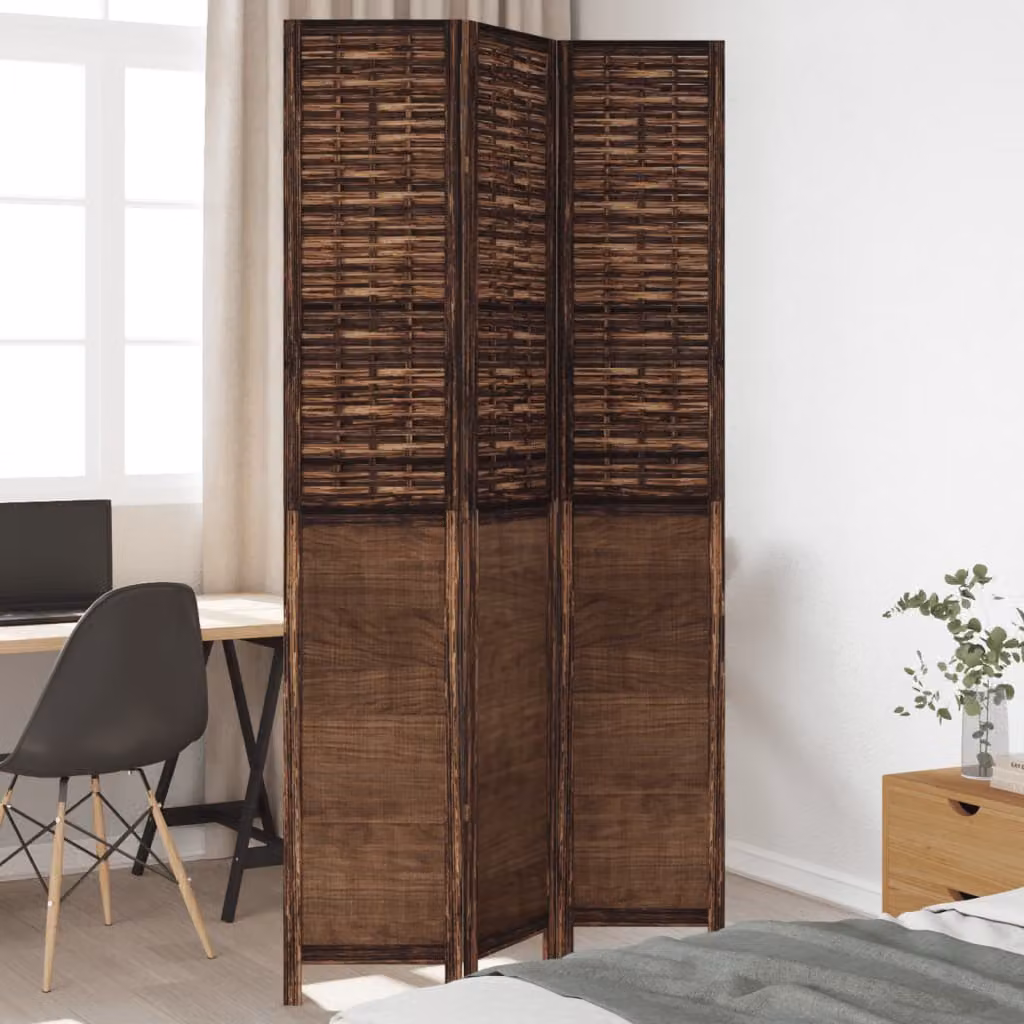 Divisorio Ambienti vidaXL con 3 Pannelli in Legno e Rattan Marrone Scuro