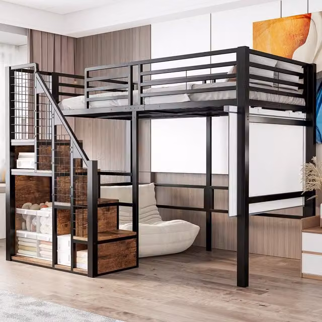 Letto a soppalco singolo 90 × 200 cm con scomparto portaoggetti e scaletta, senza materasso, in metallo, nero