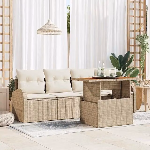 Set da giardino moderno vidaXL composto da divano a 3 posti, divano a 2 posti, tavolino da caffè e cuscini in colore beige e nero con struttura in metallo e rattan