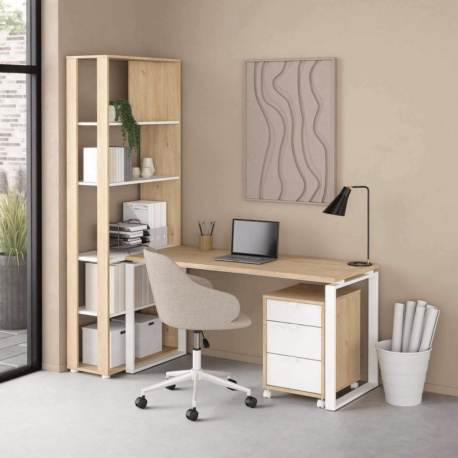 Dmora Scrivania Etienne 79.6x184.2x204.7h cm Bianco, 5 Vani un Cassetto
