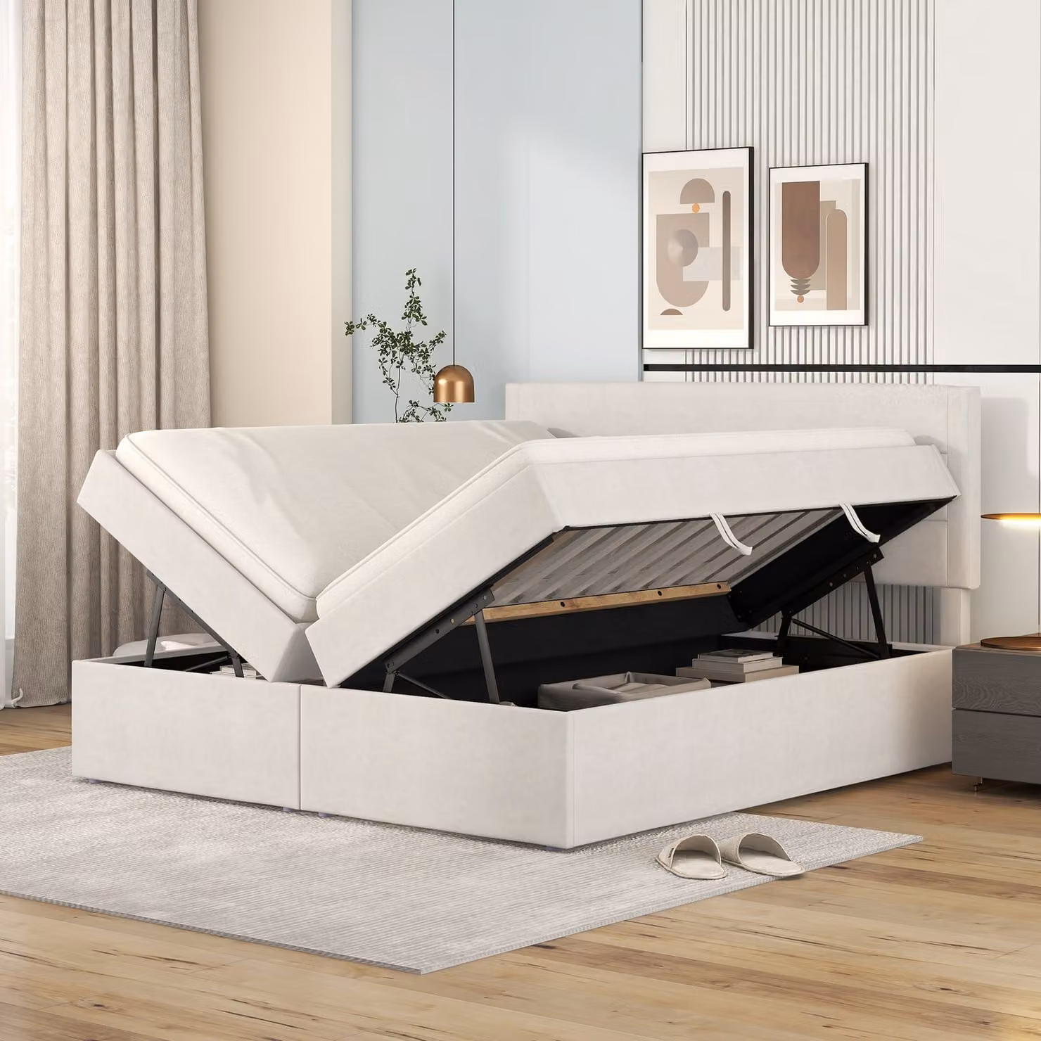 STILVORA, letto matrimoniale 140x200, letto per ragazzi con rete a doghe, struttura in metallo e grande contenitore, accessibile da entrambi i lati, colore beige (senza materasso)