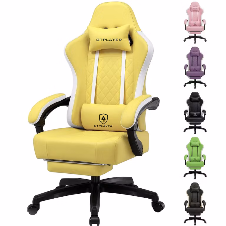 Sedia da gaming GTPLAYER: poltrona da gaming ergonomica, sedia da scrivania in Pelle finta, cuscino della seduta a molle, braccioli collegati e poggiapiedi, portata 150 kg, GIALLO