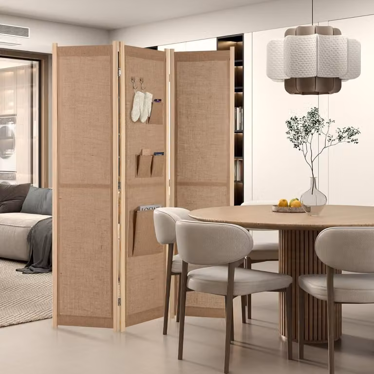 Paravento Costway a 4 pannelli in finto lino con tasche di stoccaggio e ganci, Schermo di privacy pieghevole moderno Beige