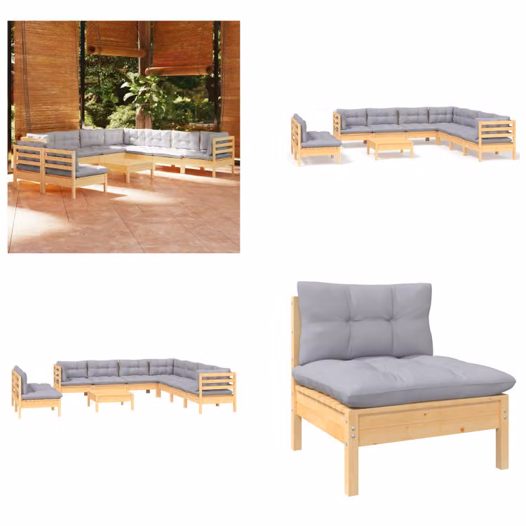 vidaXL Set salotto da giardino 10 pezzi con cuscini grigi in pino massiccio - Set salotto da giardino - Set salotto da giardino - Set mobili da giardino - Set mobili da giardino