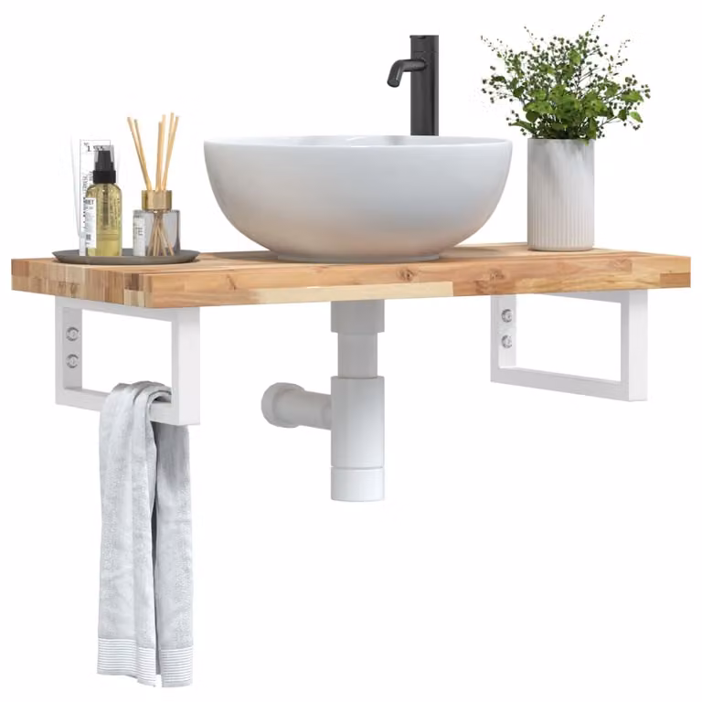 vidaXL Ripiano a Parete per Lavabo in Accacia e Acciaio, Bianco e Marrone, L: 40 cm, P: 19 cm, H: 3 cm