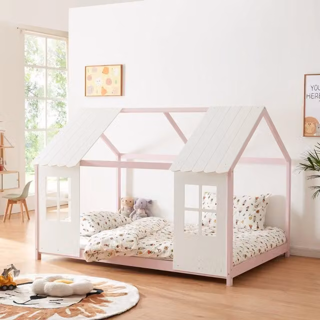 Letto a forma di casetta Tostedt en.casa per cameretta in legno di pino, Rosa e Bianco, L/P/H: 120 x 200 x 127 cm