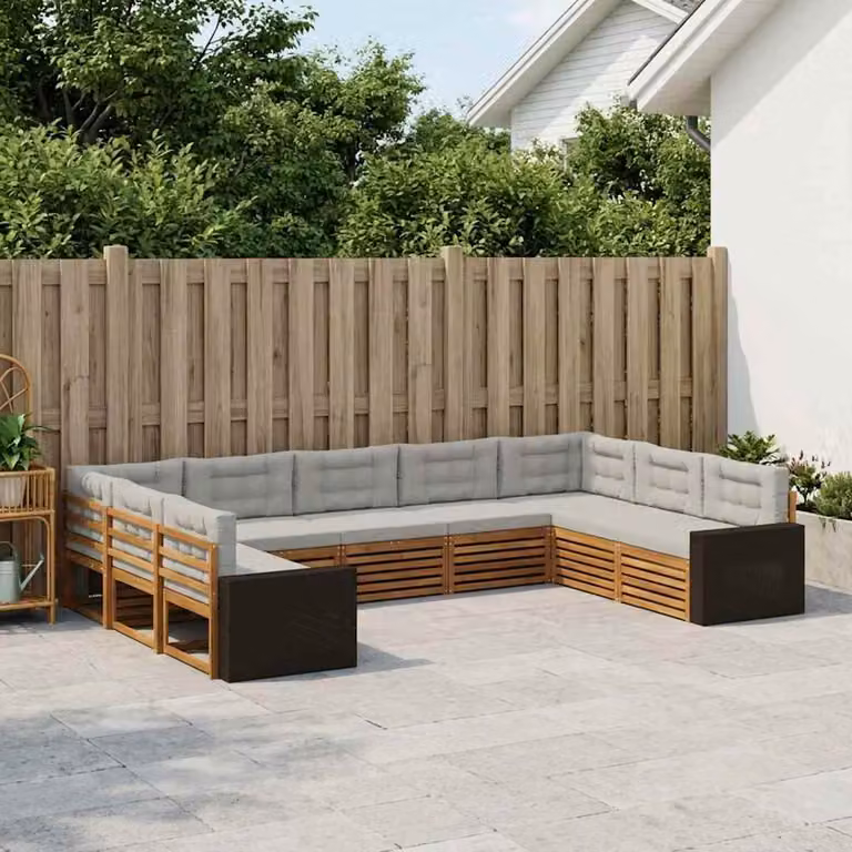 vidaXL Set di divani da esterno a L in legno di acacia, 9 pezzi, Beige, Grigio e Marrone