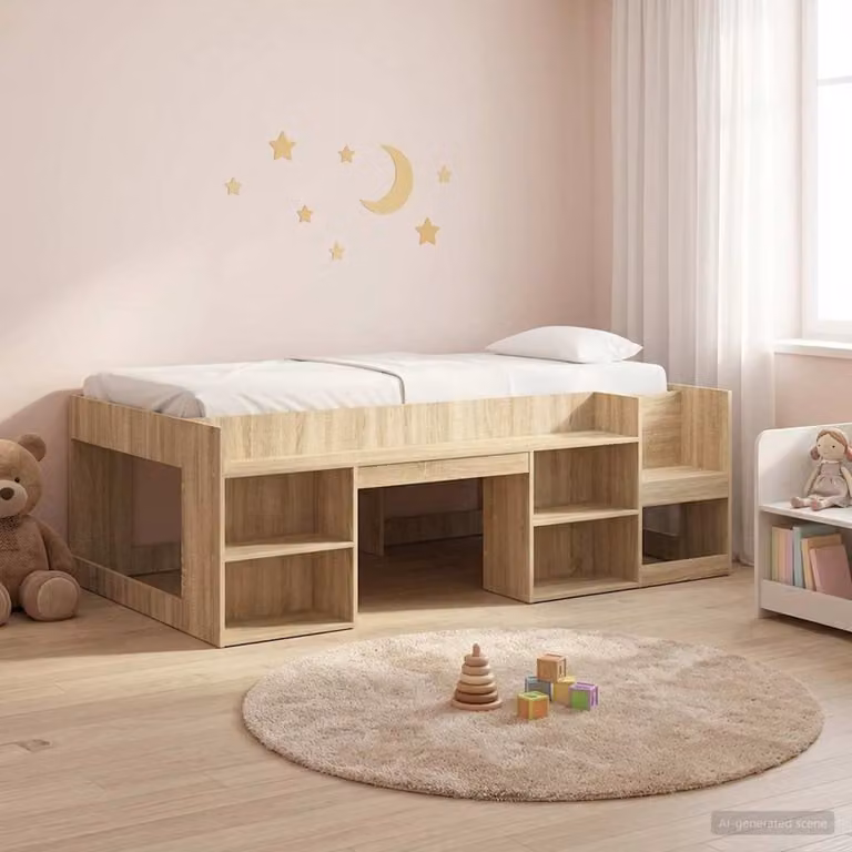 vidaXL Letto Singolo Rialzato per Bambini con Ripostiglio Laterale in Legno Rovere e Marrone, L/P/H: 193.5 x 90 x 120 cm