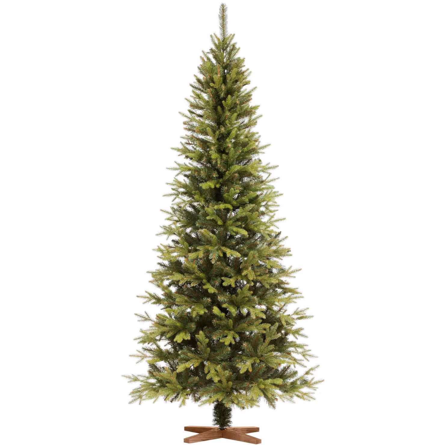 FAIRYTREES Albero di Natale 220 cm Nordman Premium SLIM | Elementi naturali realizzati ad iniezione| in UE | albero con supporto in legno di frassino fatto a mano