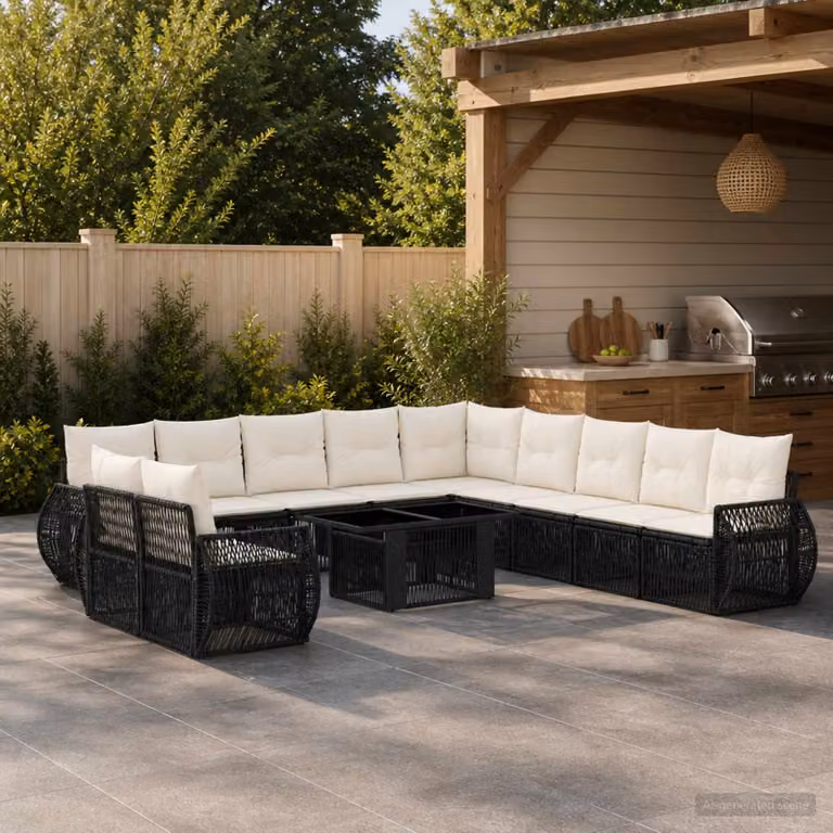 Set Divano da Giardino vidaXL a forma a U in Polyrattan con Tavolino e Cuscini, Nero e Bianco Crema