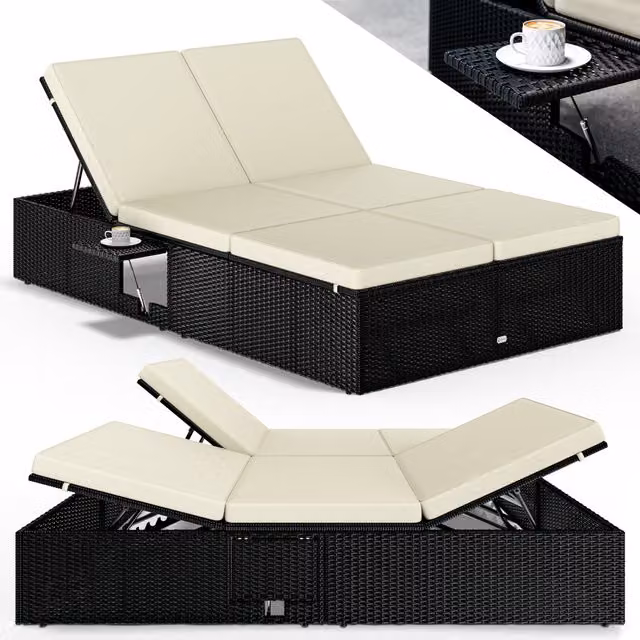 Lettino prendisole Casaria in polyrattan nero e beige con poggiatesta regolabile e vassoio laterale L/P/H: 220 x 115 x 33 cm