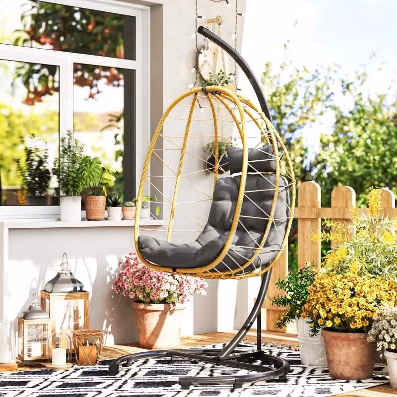 Dondolo Pensile da Giardino a Uovo Pieghevole GIORDANOSHOP con Cuscini in Rattan PE e Acciaio, Colore Nero Grigio e Beige, L/P/H: 102 x 102 x 195 cm – 2