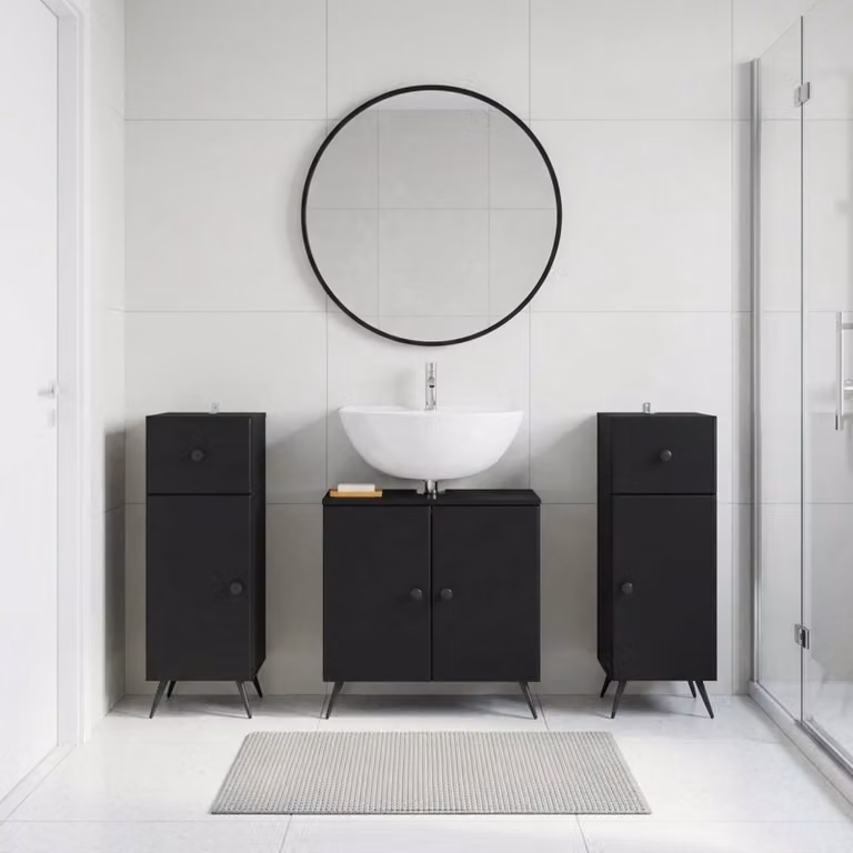 Set di mobili da bagno vidaXL BREDA in 3 pezzi nero opaco con mobile lavabo e armadietti laterali