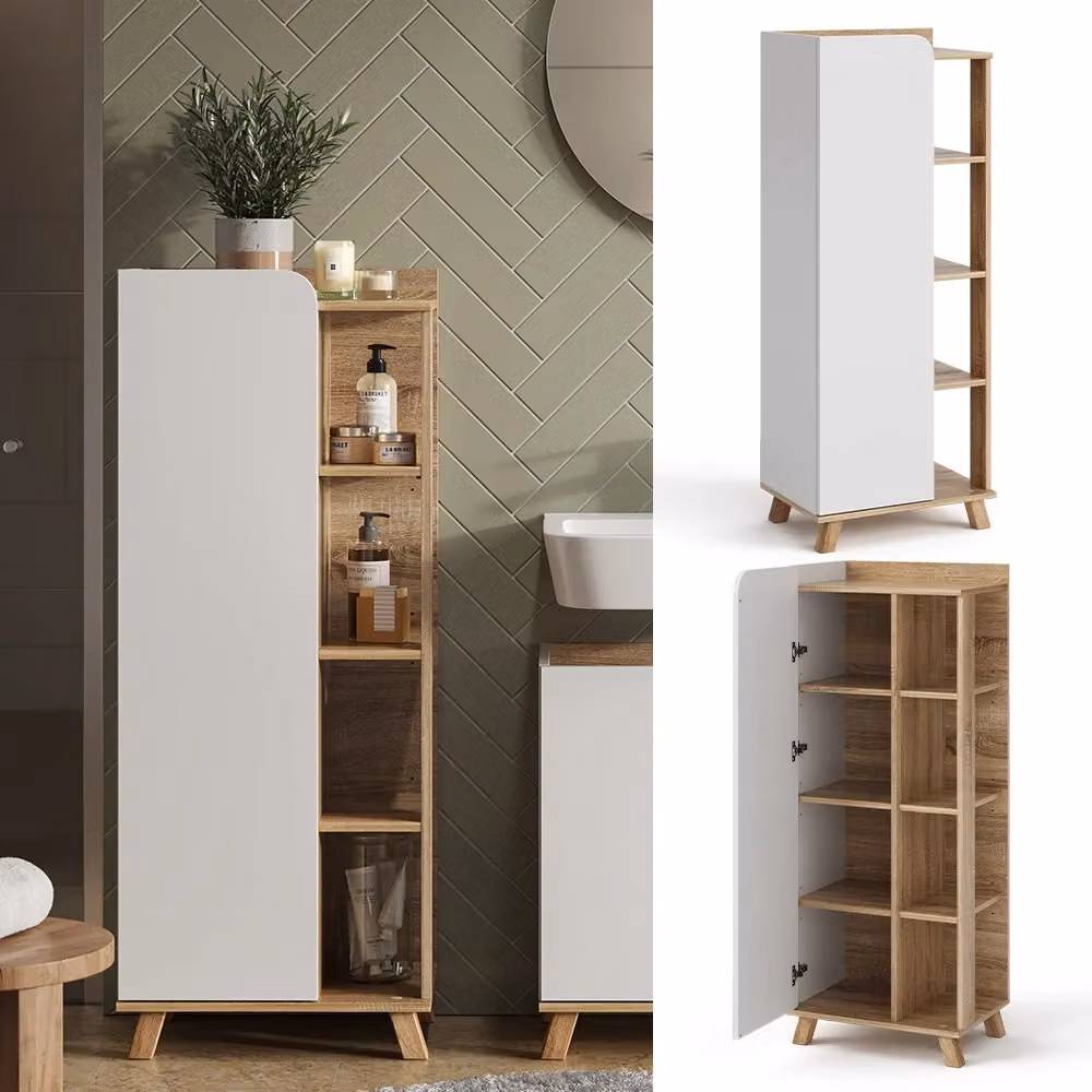 Mobiletto bagno Karen Vicco in legno Sonoma e Bianco con ante e vani a giorno L 128 cm x P 50 cm x H 35 cm – 2