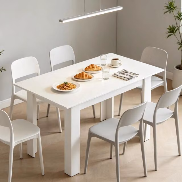 Tavolo allungabile da pranzo in MDF bianco con guide scorrevoli in acciaio per 6-8 posti