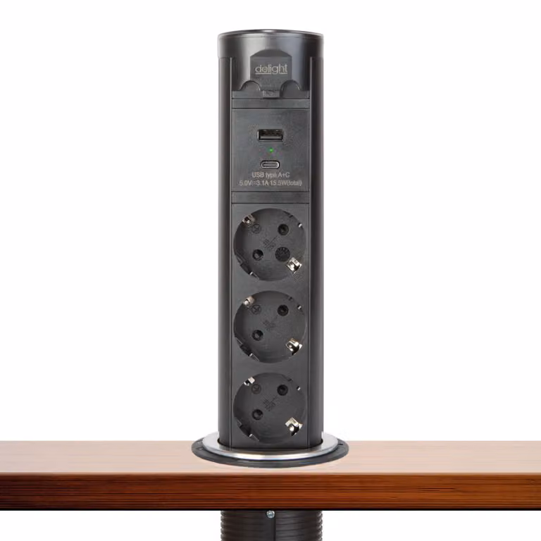 Presa a scomparsa nera - Presa a incasso con 3 prese, USB-A e USB-C - Azionamento a motore, sicurezza bambini [20453B]