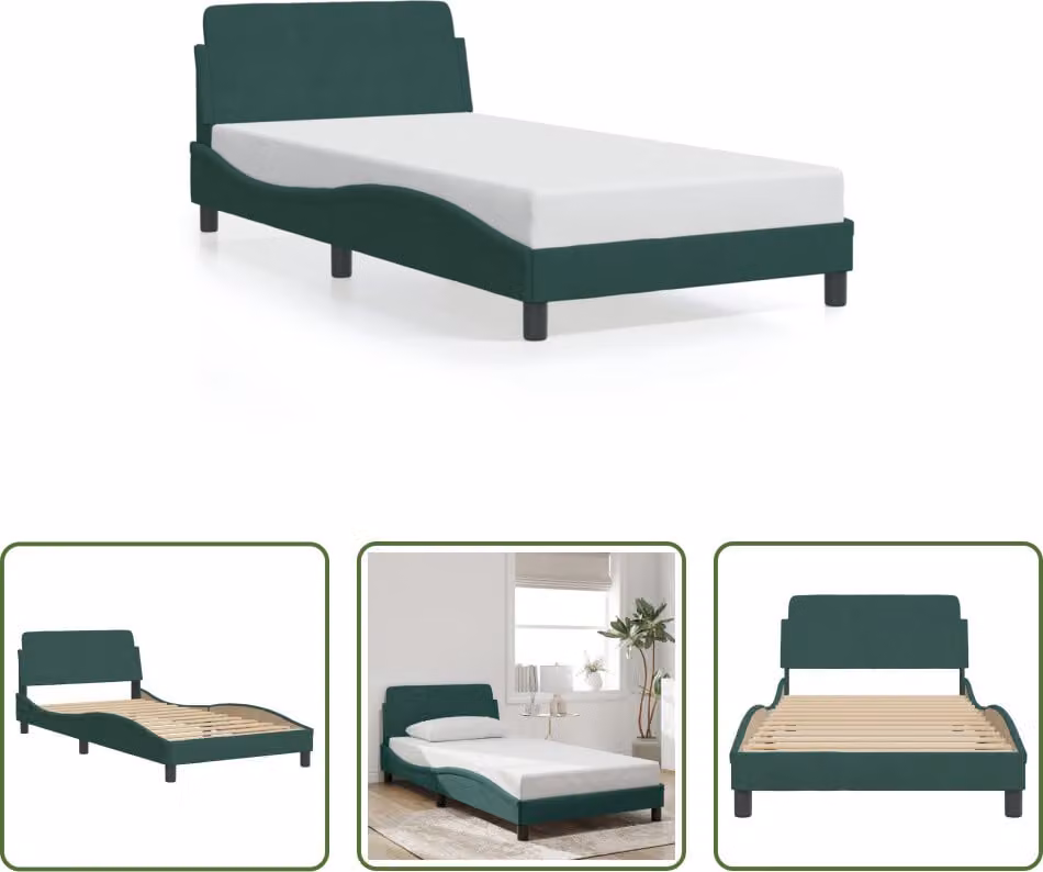 The Living Store Struttura letto con testiera in velluto verde scuro 100x200 cm