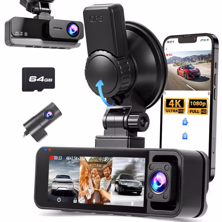 Registratore per auto con telecamera frontale HD 4K, 3 telecamere, sensore G e scheda SD da 64G