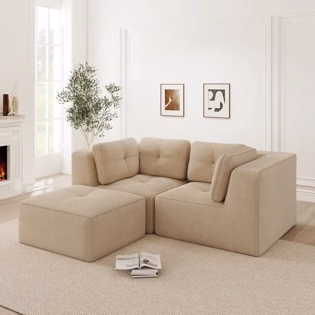 Divano angolare modulare in velluto a coste beige