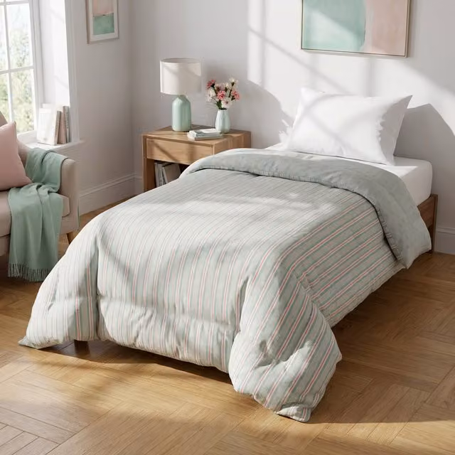 Trapuntino reversibile a righe verde per una piazza e mezza in microfibra L: 250 cm, P: 220 cm