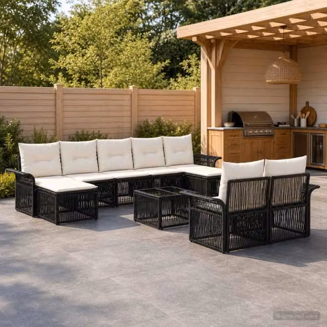 Set Divano da Giardino Moderno vidaXL in Polyrattan Nero con Cuscini e Tavolino – 1