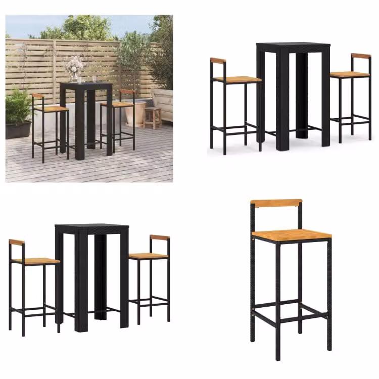 vidaXL Set bar da giardino 3 pezzi in poly rattan nero e legno massiccio di acacia - Set bar da giardino - Set bar da giardino - Set bar da giardino - Bar da giardino