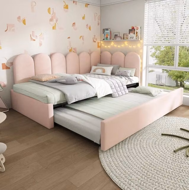 Letto daybed imbottito Beaok con letto estraibile in velluto rosa L: 203 cm, P: 97 cm, H: 76 cm