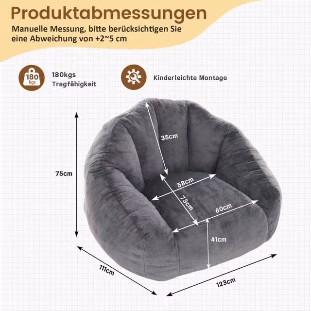 Sitzsack oversize WISHDOR per adulti in finta pelliccia grigia, morbido e moderno per soggiorno o camera da letto