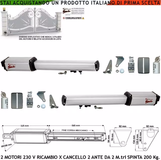 Motori 230 V Attuatori Elettromeccanici Corsa 300 MM Spinta 2 Q.li Kit Staffe Chiave Sblocco nel Carrello di Traino 2 Condensatori 16µF Ricambio Cancello Elettrico 4 MT 2 Ante Compatibili Universali